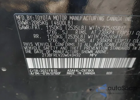 2013 Toyota Rav4 Le из США, поврежденный, VIN 2T3BFREV2DW049492